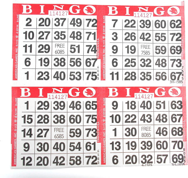 4 on Red Bingo Paper Game Cards - 750 Sheets - 8 Inch Square Size Disposable Sheet - Made in USA