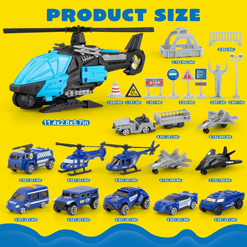 Playset XDUOYJOY Police Helicopter Toy with Vehicles, Fighter Jets, Airplane, SWAT Truck and Roadblocks, Police Rescue
