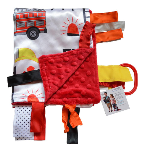 Baby Sensory Closed Ribbon Tag Lovey Blanket with Minky Dot Fabric, 14”X18” (Firefighter) - Teething & Security