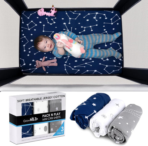 Fitted Pack n Play Sheets 3-Pack by GROW WILD - Baby Mini Crib Sheet for Boys or Girls, Soft Pack and Play Bedding Set, Premium Bassinet Fitted Sheets, Blue White Gray Stars Constellations by Grow Wild