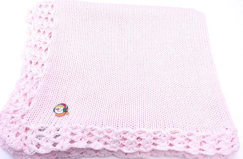 Sanjit Knitted Crochet Finished Pink Cotton Baby Blanket with White Snowman Applique'