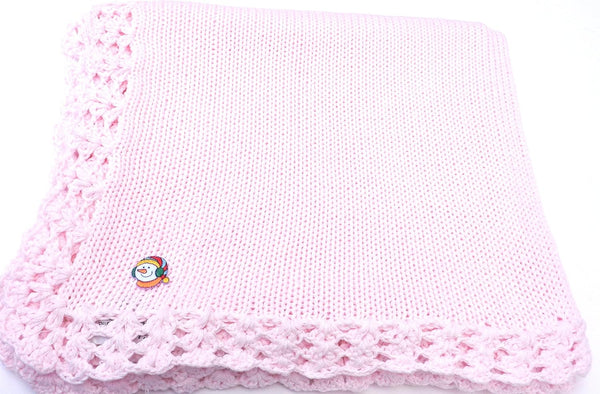 Sanjit Knitted Crochet Finished Pink Cotton Baby Blanket with White Snowman Applique'
