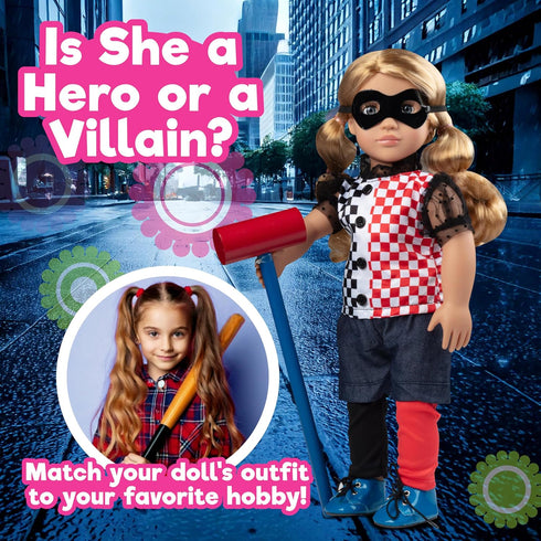 Harley Quinn Inspired Doll Outfit (7pc Set) - Super Hero Clothes for American Girl Doll - Gift Set for Girls