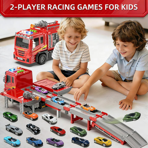 BuddyBight 3in1 12 3-5 3 4 5 6+ Fire Truck Toy with Foldable Race Track & Diecast Race Cars Toys, Fire Trucks