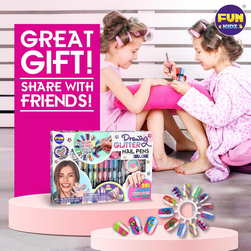 7-12, 315Pcs Pack 17.91Wx12.4L Kids Nail Kit for Girls Ages FunKidz Ultimate Nail Polish Pens Combo Size Glitter