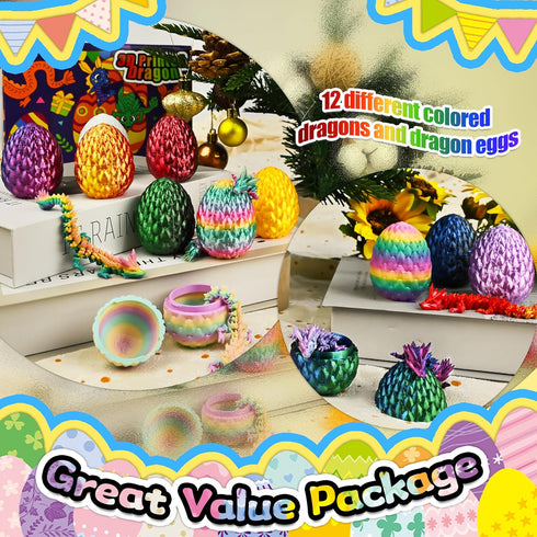 12pcs 3D Impossmaker Printed Dragon Eggs, Prefilled Easter Dragon Egg with Dragon Toy, Easter Basket Stuffer, Goodie