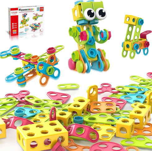 PicassoTiles 115 Piece Building Blocks Set Kids STEM Toy Construction Engineering Sensory