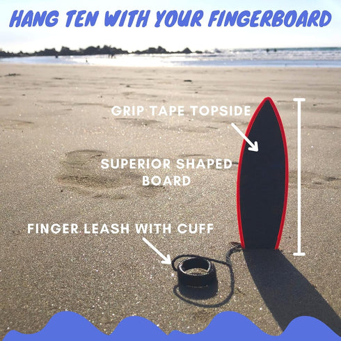 Finger Surfboard - Red Shred Mini Finger Board Surf Toy for Kids & Skaters, Hand Surfboard with Grip Tape & Leash
