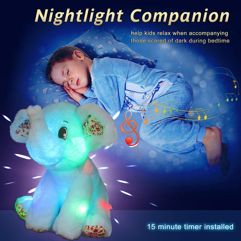 BSTAOFY 12‘’ Musical Light Up Elephant Plush Toy, Blue LED Stuffed Animal Nightlight for Kids Birthday