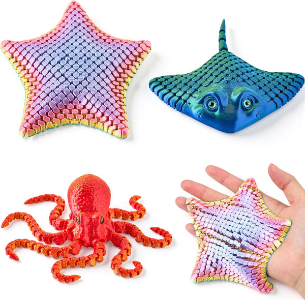 JOYIN 3 Pcs 3D Printed Fidget Toys, Articulated 3D Printed Octopus, Ray