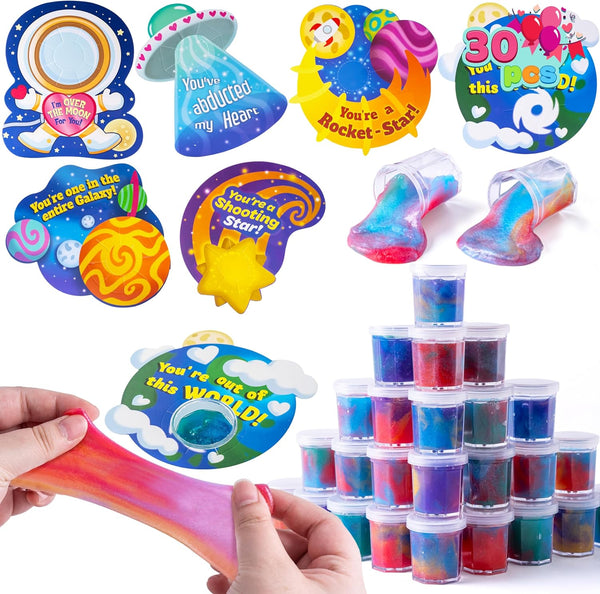 JOYIN 30 PCS Valentine Day Gift Cards with Galaxy Slime Stress Relief