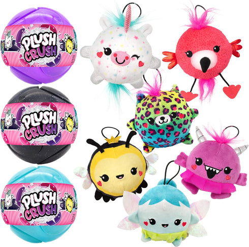 Plush Crush Series 3 Puzzle Ball (3-Pack), Surprise Collectible Character Bouncy Ball Plush Toy by Scentco