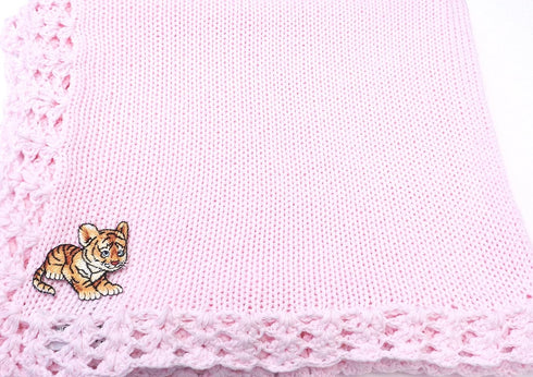 Sanjit Knitted Crochet Finished Pink Cotton Baby Blanket with Tiger Cub Applique'.