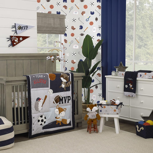 NoJo Team All Star Light Blue, Grey, & Orange, MVP Fox & Raccoon Sports Theme 100% Cotton Fitted Crib Sheet