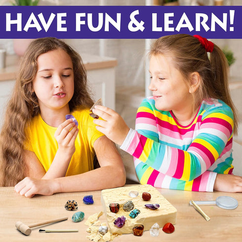 DANCING BEAR Gem Dig Kit - Excavate 16 Gems & Crystals, STEM Education Gift Set for Kids