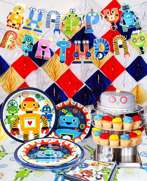 Pack 34 Set LaVenty Robot Birthday Party - Piece Including Banner, Plates, Napkins & Decorations