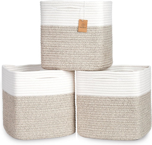 NaturalCozy 13 Inch Cube Storage Bins Cotton Rope Woven Baskets for Organizing