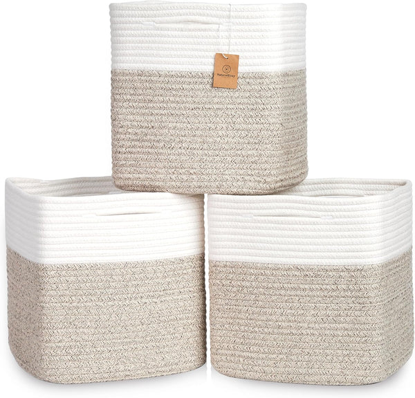 NaturalCozy 13 Inch Cube Storage Bins Cotton Rope Woven Baskets for Organizing