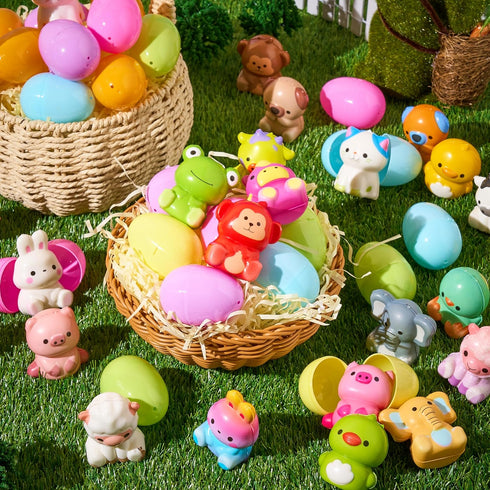 24 JOYIN Pcs Easter Prefilled Eggs with Animals Squishy Toys, Cute Toys for Easter Egg Hunt, Kids Party Favor, Basket