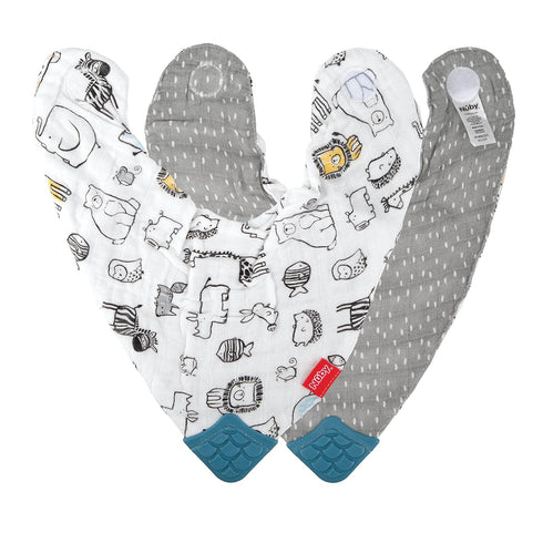 Nuby 100% Natural Cotton Muslin Bib - Bib with Teething Corner (2-Pack) 3+ Months - Zoo