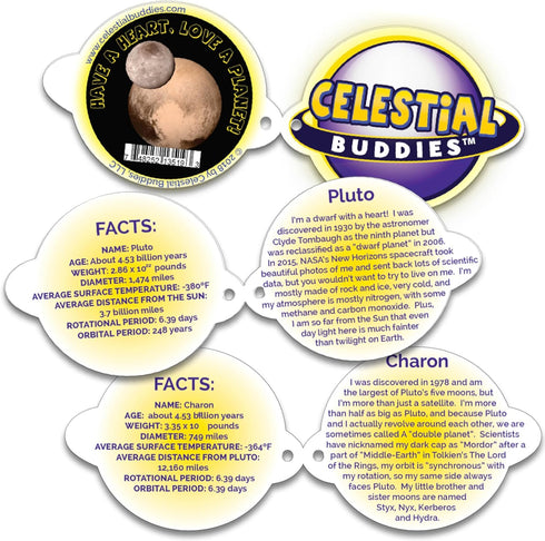 7.5", 8.5" 0+ Celestial Buddies Pluto & Charon Buddy | Soft Stuffed Plush Embroidered Features Fun Planet Facts Tag
