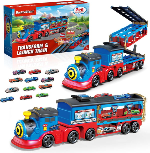 BuddyBight Train Set for Toddlers 2-4, Carrier Toy Trucks w/54 Inch Foldable Race