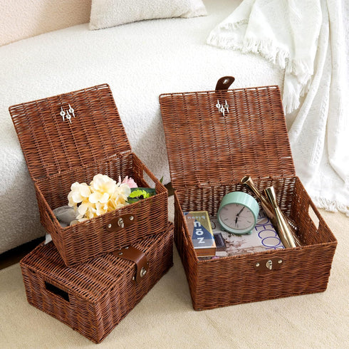 Set of 3 Woven Wicker Storage Baskets with Lid & Lock, Multifunctional Organizer for Nursery, Baby, Clothes