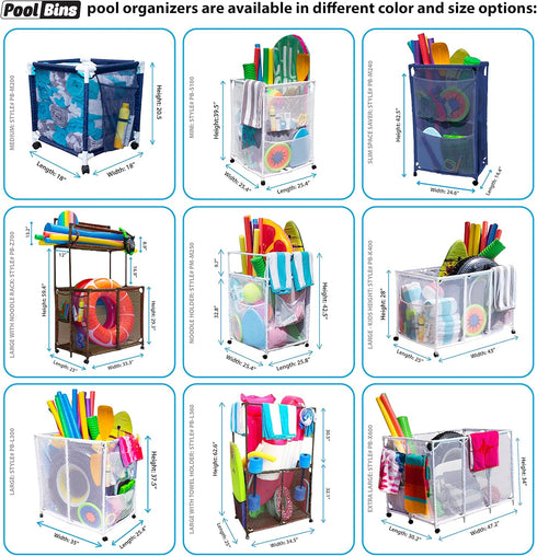 Pool Noodles Holder, Large Mesh Rolling Double Decker Storage Organizer Bin for Toys, Floats, Balls with Noodle Rack