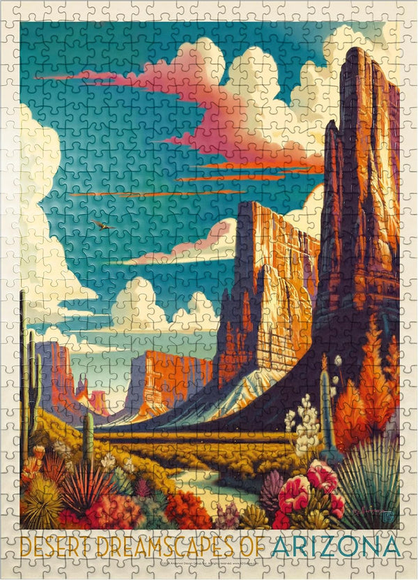 MyPuzzle Arizona Desert Dreamscape, Vintage Poster - Premium 500 Piece Jigsaw Puzzle for Adults