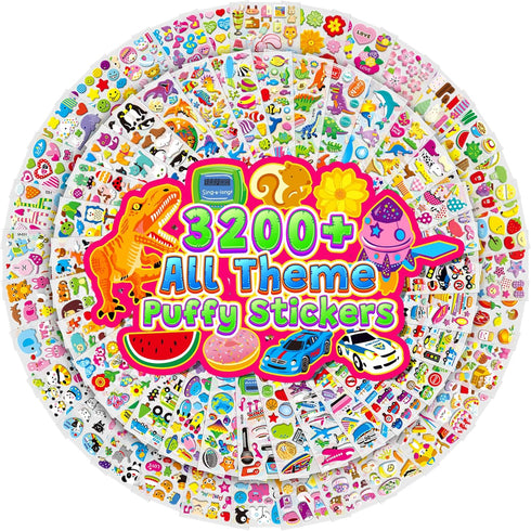 3200+ Stickers for Kids, 3D Puffy Stickers, 64 Different Sheets, Cute Animals for Boys Girls Teachers