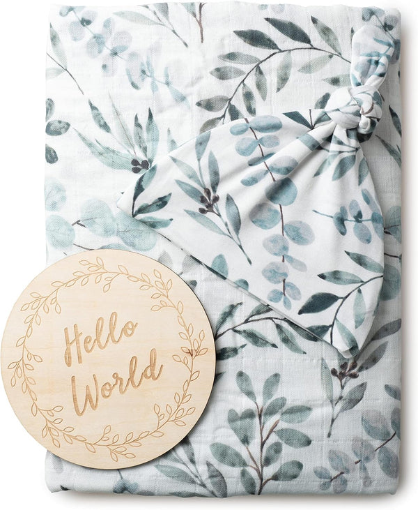 Miaoberry Organic Muslin Swaddle Blankets - Matching Hat and Wooden Hello World Newborn Sign, Eucalyptus Photography