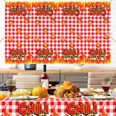 3Pcs Chili Cook Off Tablecloth - 87x51In Plastic Table Covers for Mexican Chili Buffet Baby Shower Party