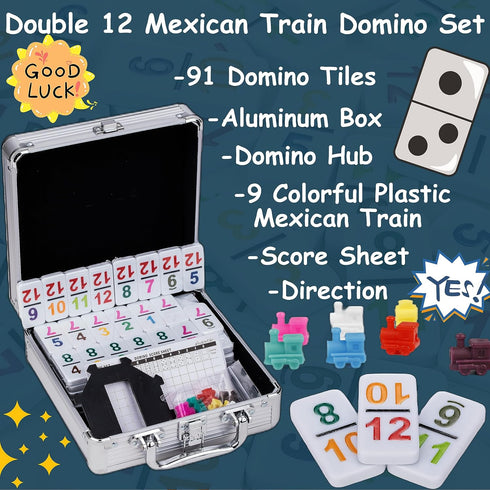 12 Set 91 Domino2-10 Doublefan Mexican Train Dominoes with Color Numbers,Double Numerical Domino Game, Chicken Foot
