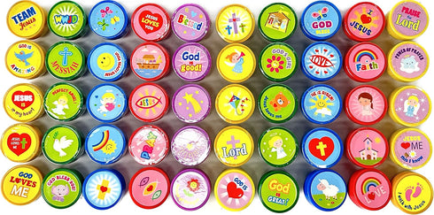 Tiny Mills 50 Pcs Religious Assorted Stampers for Kids, Religious Prizes, Carnival Prizes