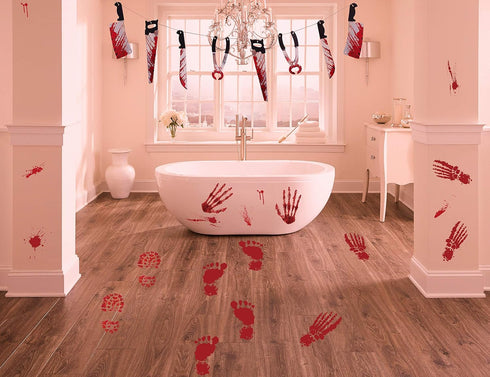 Halloween Scary Decorations Set: Horror Banner, No One Leave Backdrop, Bloody Footprints, Handprints Floor Clings,