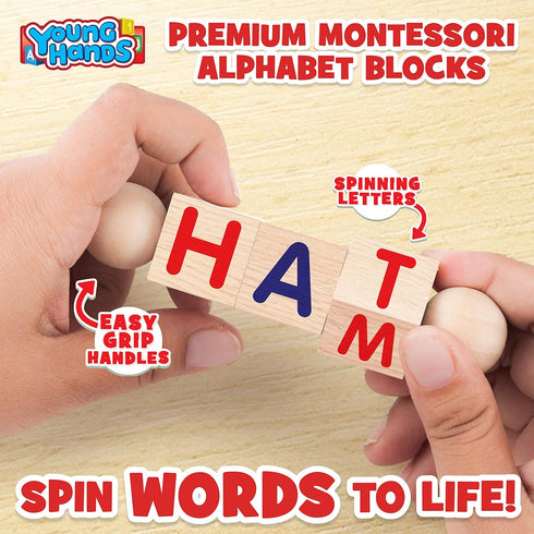 Wooden Reading Blocks, Creative Kids Set of 5 Spinning Alphabet Blocks w/Easy-Grip Handles - Kindergarten Preschool