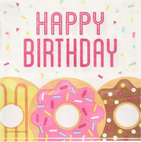 Creative Converting Donut Happy Birthday Lunch Napkins, Multicolor Party Supplies, 5"