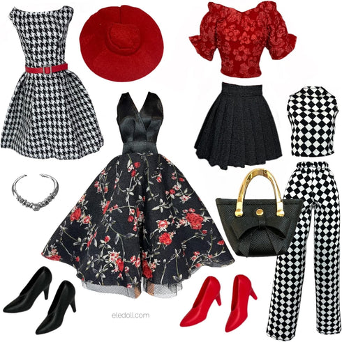 Eledoll Deluxe Fashion Pack TEA TIME BLACK & RED Classic Set for 11.5” Doll #4