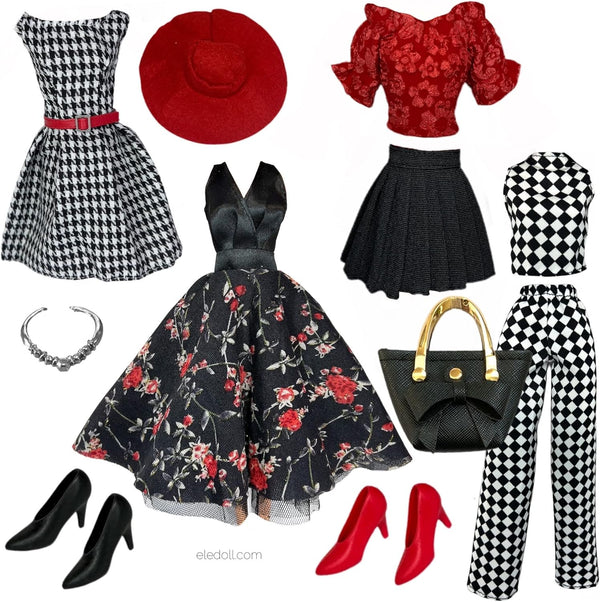 Eledoll Deluxe Fashion Pack TEA TIME BLACK & RED Classic Set for 11.5” Doll #4