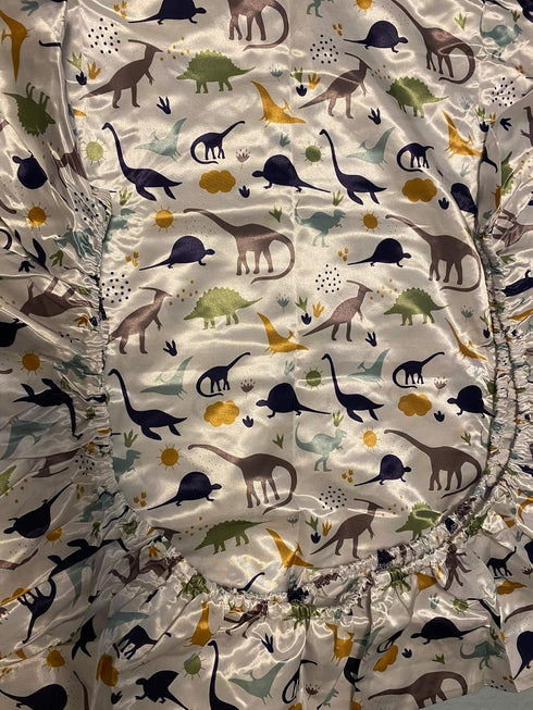 Satin Fitted Crib Sheet for Baby, Dinosaur Design, Size 52 x 28 inches, Retains Hair Moisture for Toddler Bed