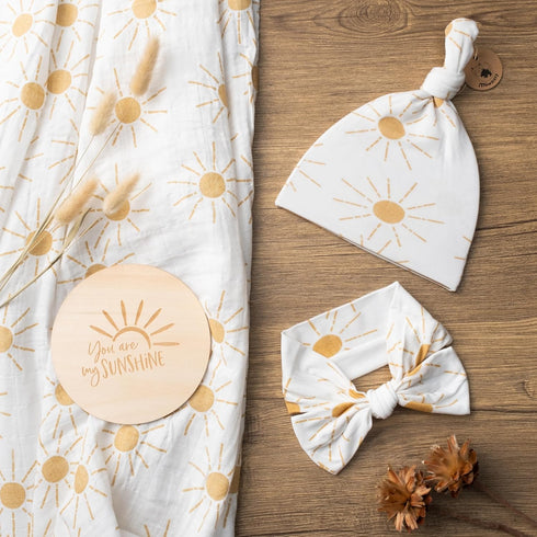 100% Set| Miaoberry Organic Cotton Baby Muslin Swaddle Blanket Golden Boho Sunrays| Gender Neutral for Boys