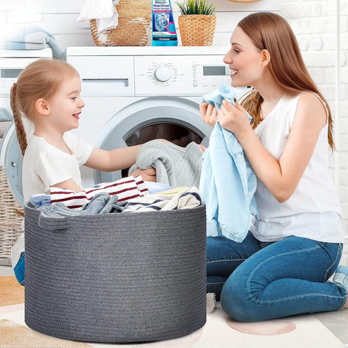 Blanket Basket 20"x 20"x 13" Cotton Rope Basket for Living Room, Baby Toy Storage, Large Woven Laundry Basket, Gray