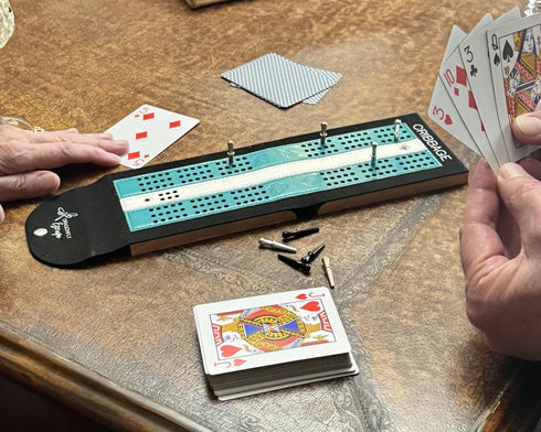 Unique Lightweight Folding Travel Cribbage Game | Portable Travel-Size Cribbage Board Set (Teal & White)