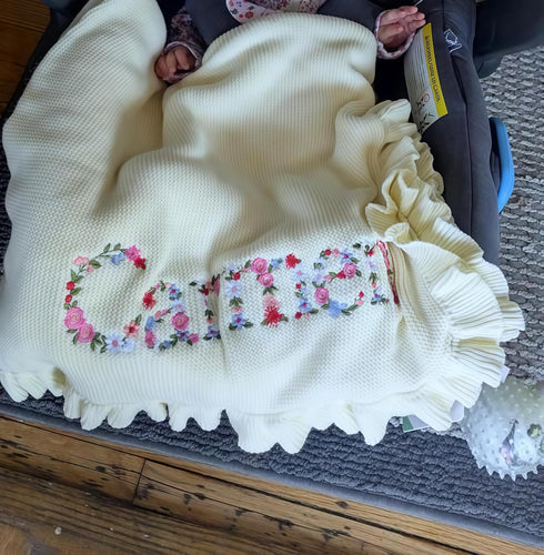 Cozy Personalized Floral Embroidered Name Blanket Soft Cotton Knit Newborn Blanket, Custom Keepsake Gift, Cover