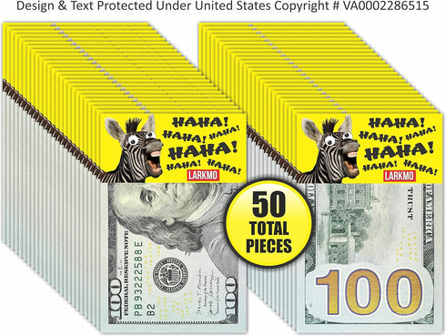 Larkmo The Pranking Zebra Funny $100 Gag, Realistic One Hundred Dollar Bill Joke Office Prank Kit of 50 Pieces