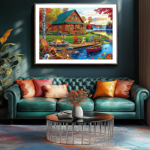 1000 1000 Autumn Lake House Piece Jigsaw Puzzle for Adults Log Cabin with Dogs & Fall Foliage Adult Puzzles Pieces