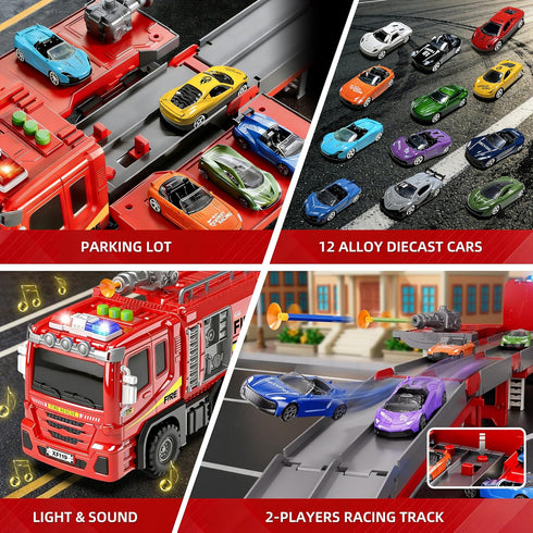 BuddyBight 3in1 12 3-5 3 4 5 6+ Fire Truck Toy with Foldable Race Track & Diecast Race Cars Toys, Fire Trucks