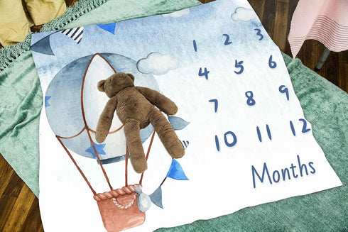 Blue Baby Monthly Milestone Blanket, Cartoon Hot Air Balloon Star, 48x40 Inches