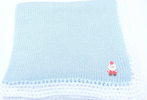 Sanjit Knitted Crochet Finished Blue Cotton White Trim Baby Blanket with Santa