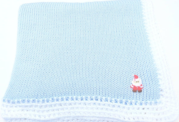 Sanjit Knitted Crochet Finished Blue Cotton White Trim Baby Blanket with Santa